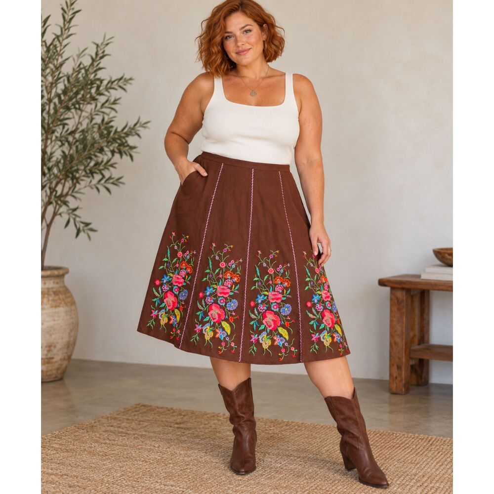 Linea Louis Dell’Olio 18W Brown Embroidered Floral Boho Skirt cottagecore nature